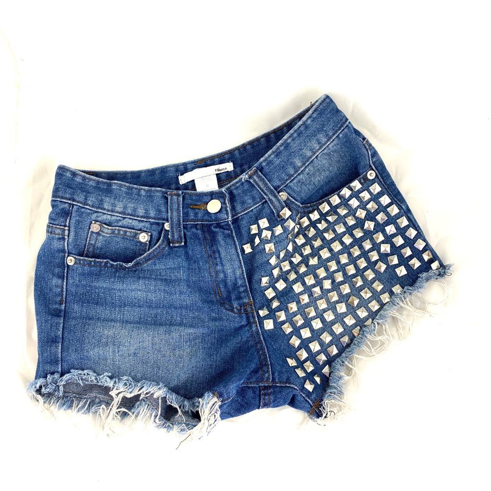 Cut off jean denim shorts silver studs raw hem